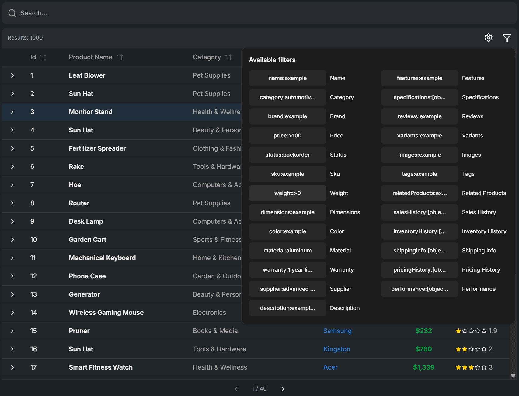 Search and filtering example